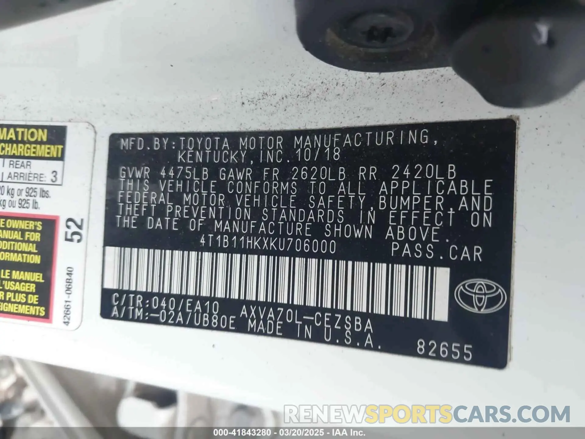 9 Photograph of a damaged car 4T1B11HKXKU706000 TOYOTA CAMRY 2019
