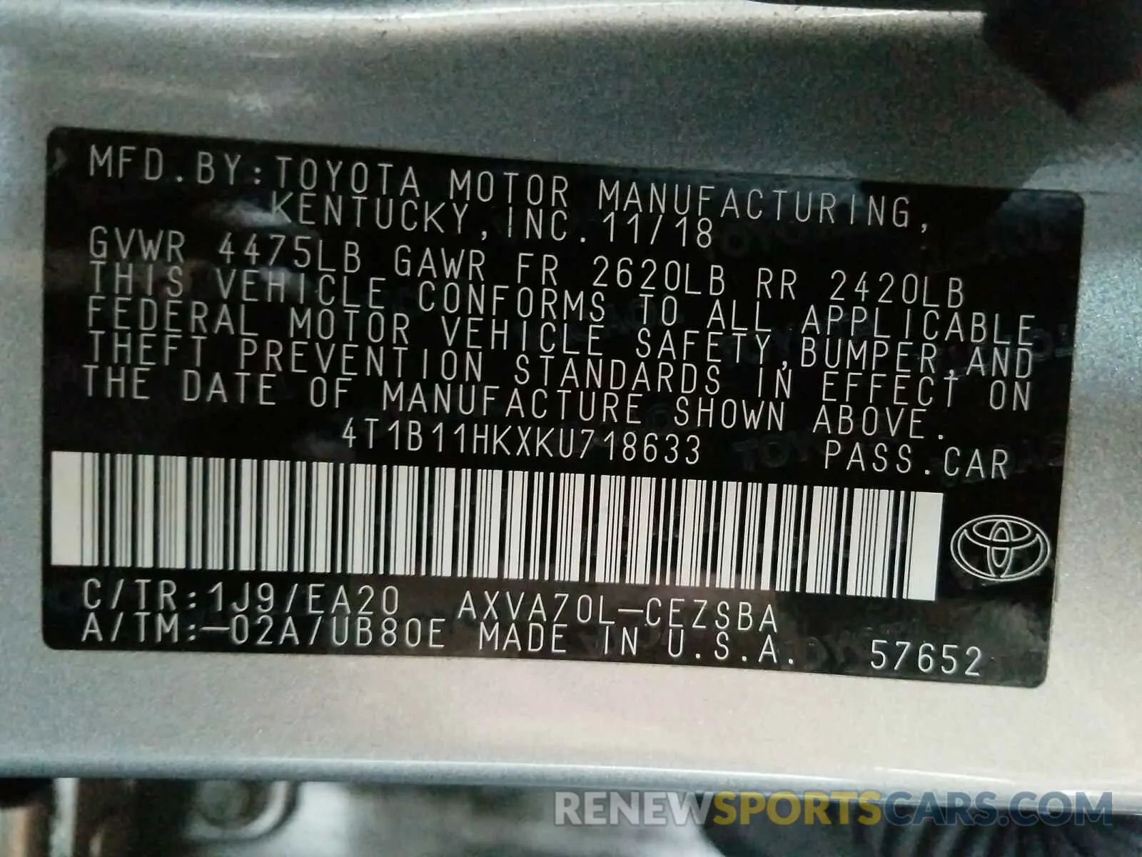 10 Photograph of a damaged car 4T1B11HKXKU718633 TOYOTA CAMRY 2019