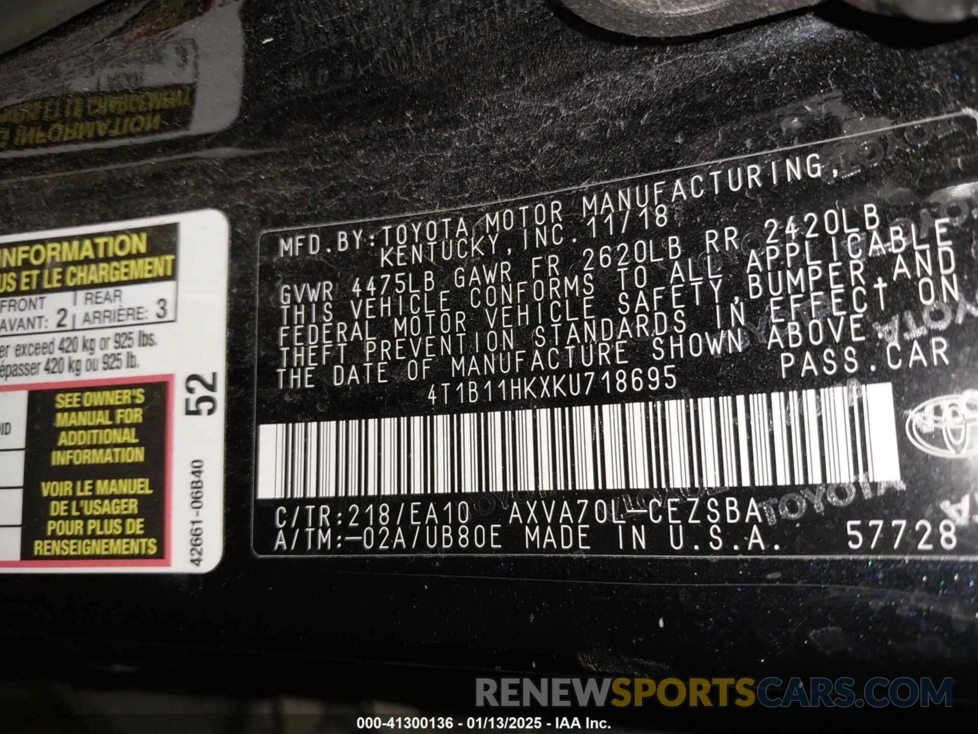 9 Фотография поврежденного автомобиля 4T1B11HKXKU718695 TOYOTA CAMRY 2019