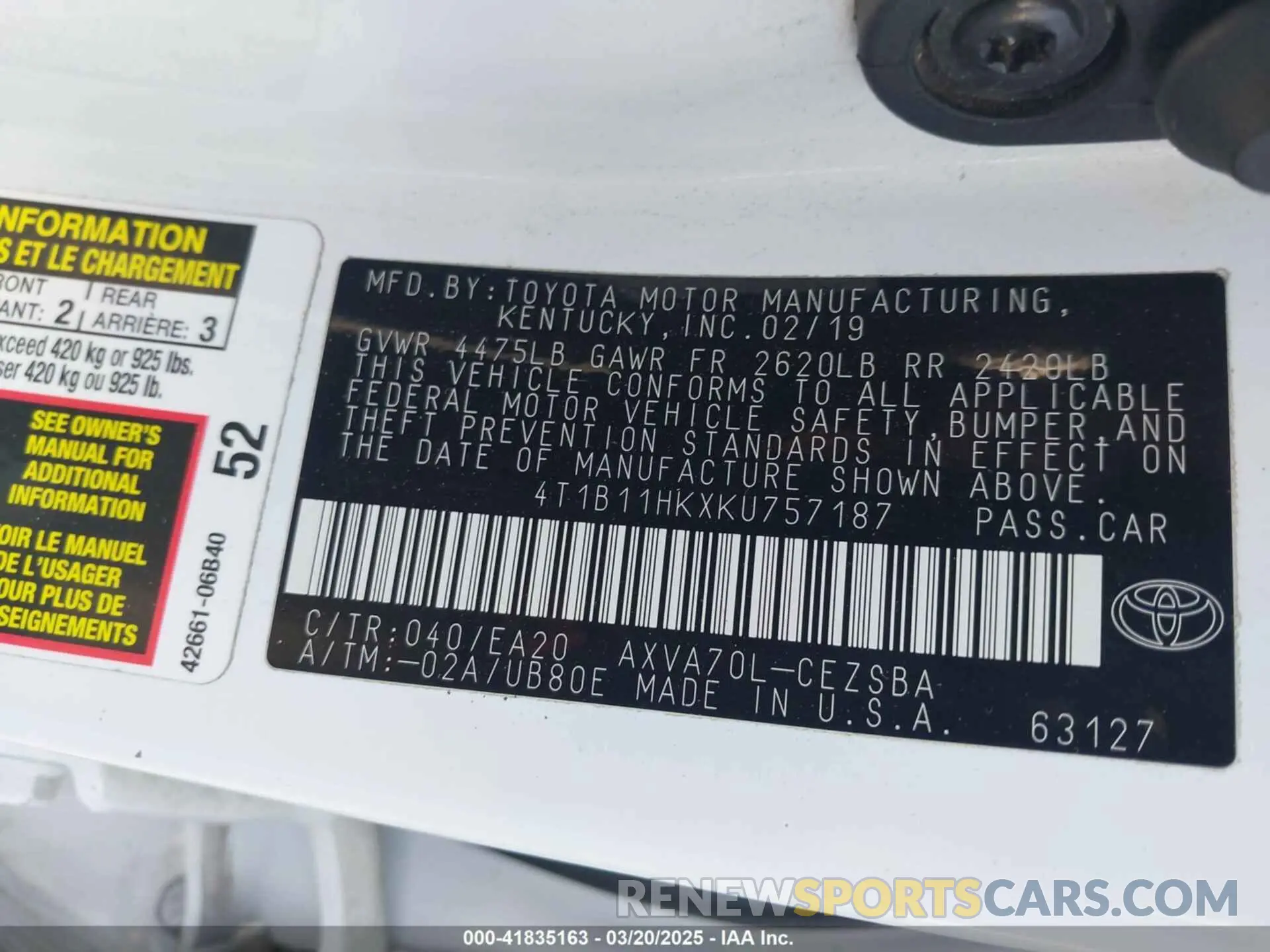9 Фотография поврежденного автомобиля 4T1B11HKXKU757187 TOYOTA CAMRY 2019