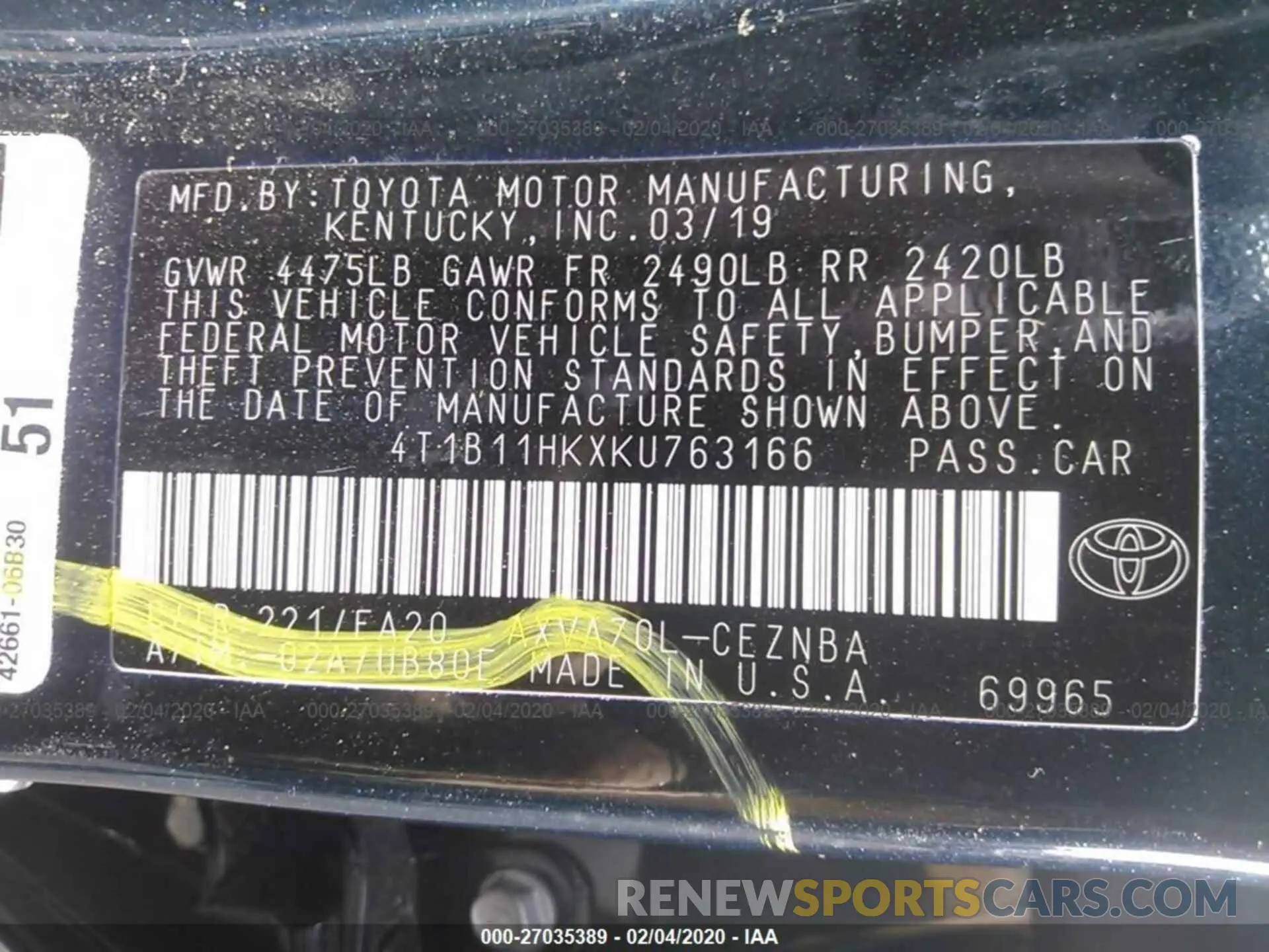 9 Photograph of a damaged car 4T1B11HKXKU763166 TOYOTA CAMRY 2019