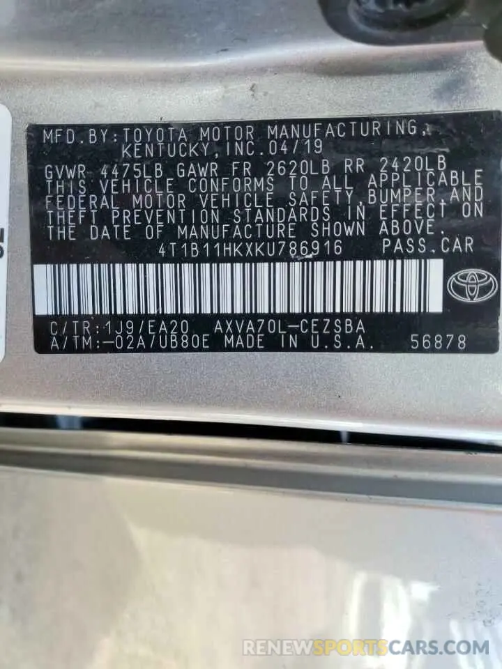 14 Фотография поврежденного автомобиля 4T1B11HKXKU786916 TOYOTA CAMRY 2019