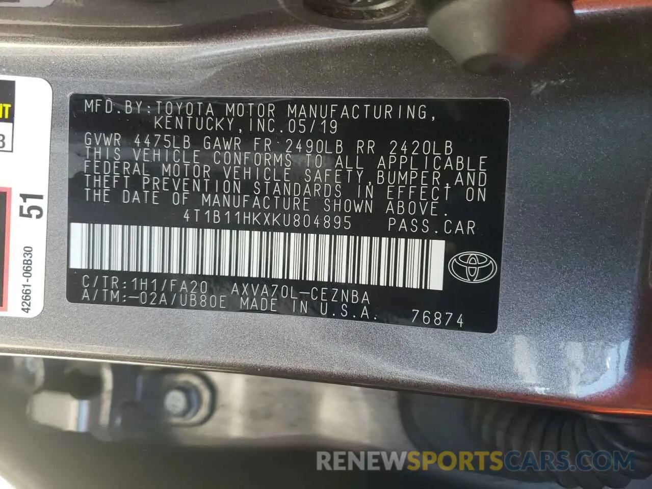 10 Фотография поврежденного автомобиля 4T1B11HKXKU804895 TOYOTA CAMRY 2019