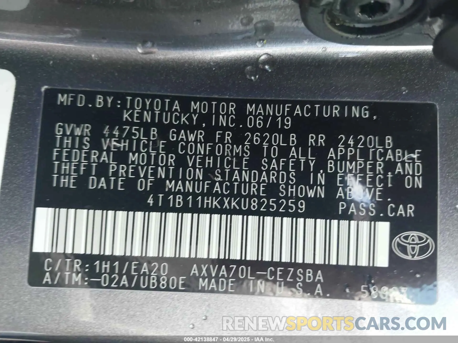 9 Photograph of a damaged car 4T1B11HKXKU825259 TOYOTA CAMRY 2019