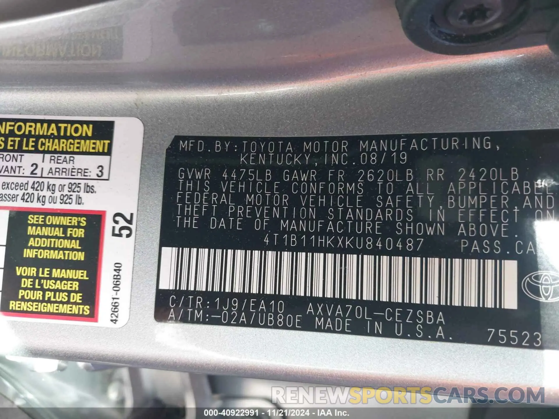 9 Photograph of a damaged car 4T1B11HKXKU840487 TOYOTA CAMRY 2019