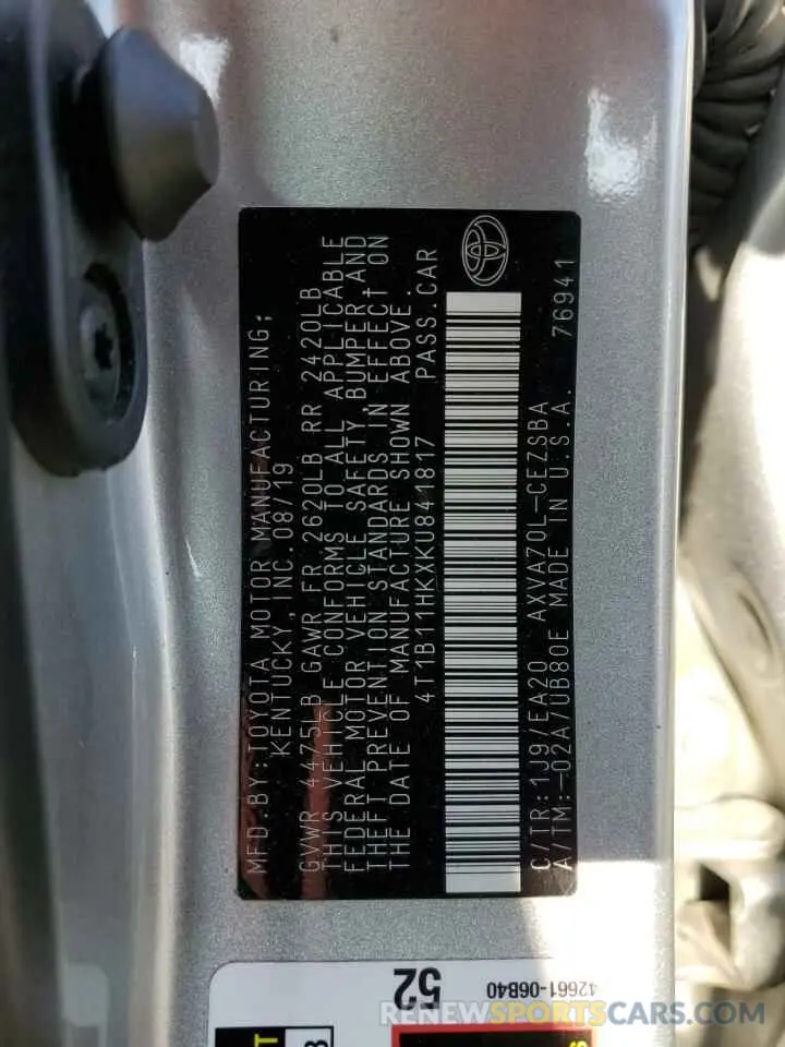 12 Photograph of a damaged car 4T1B11HKXKU841817 TOYOTA CAMRY 2019