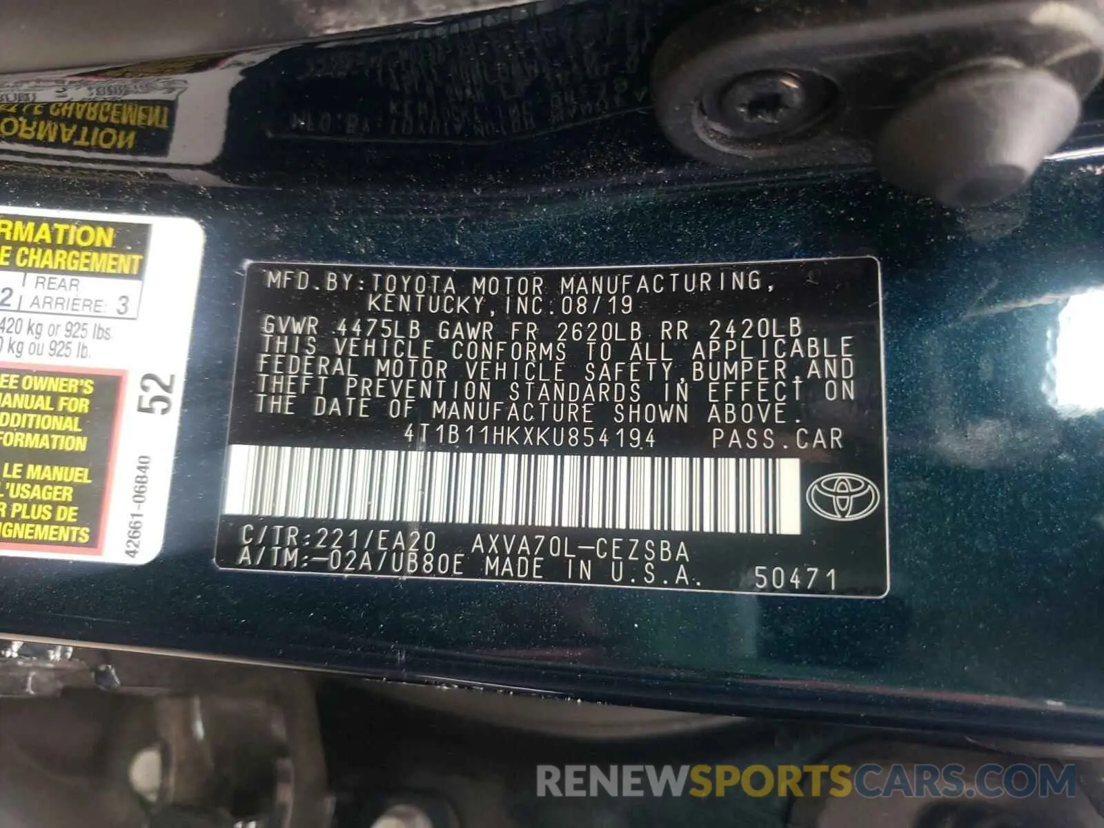 10 Photograph of a damaged car 4T1B11HKXKU854194 TOYOTA CAMRY 2019