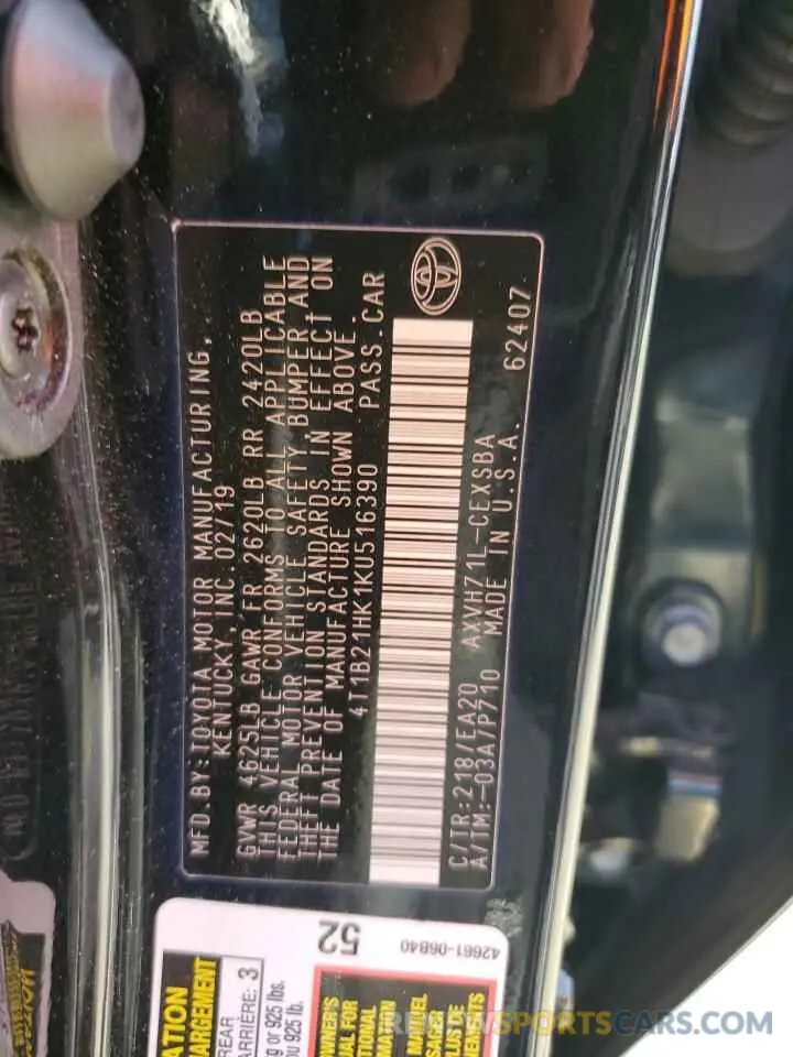 13 Photograph of a damaged car 4T1B21HK1KU516390 TOYOTA CAMRY 2019