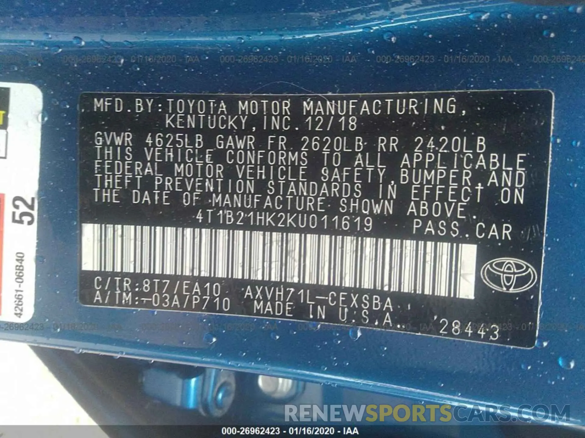 9 Photograph of a damaged car 4T1B21HK2KU011619 TOYOTA CAMRY 2019