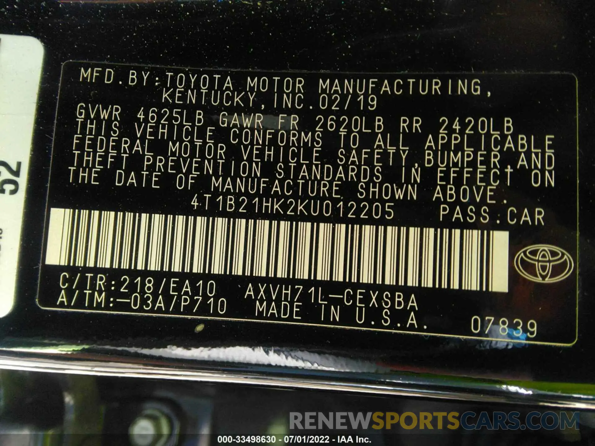 9 Photograph of a damaged car 4T1B21HK2KU012205 TOYOTA CAMRY 2019