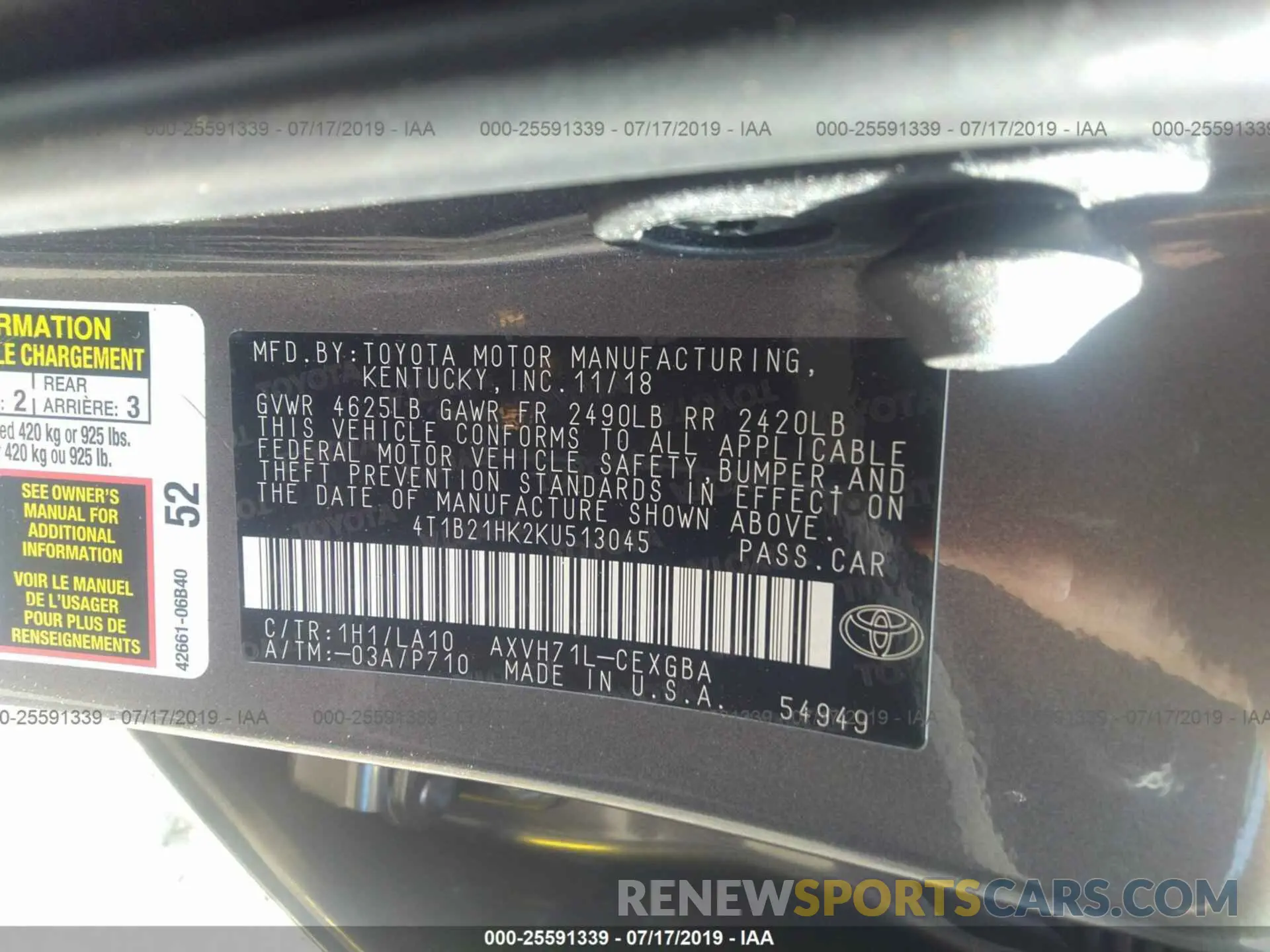 9 Photograph of a damaged car 4T1B21HK2KU513045 TOYOTA CAMRY 2019