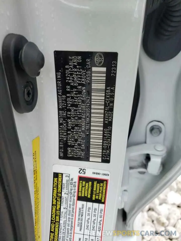 12 Фотография поврежденного автомобиля 4T1B21HK2KU514342 TOYOTA CAMRY 2019