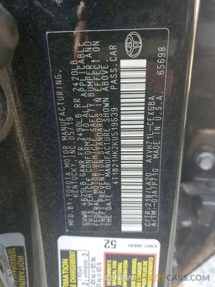 14 Photograph of a damaged car 4T1B21HK2KU519539 TOYOTA CAMRY 2019