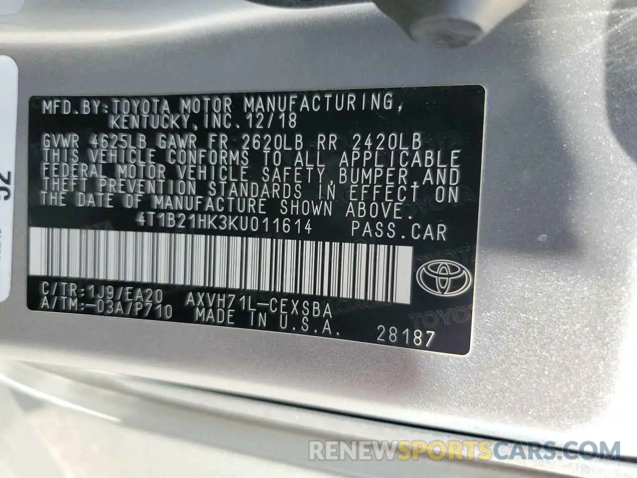 12 Photograph of a damaged car 4T1B21HK3KU011614 TOYOTA CAMRY 2019