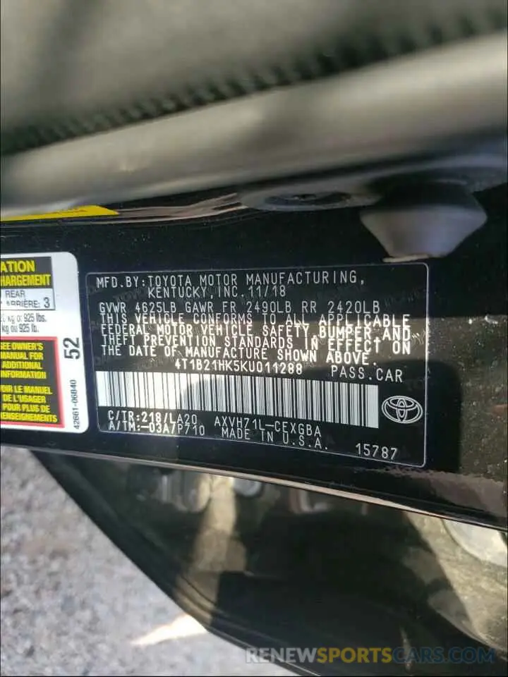 10 Photograph of a damaged car 4T1B21HK5KU011288 TOYOTA CAMRY 2019