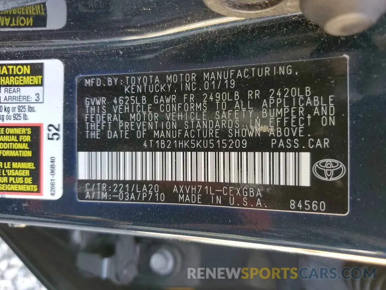 13 Photograph of a damaged car 4T1B21HK5KU515209 TOYOTA CAMRY 2019