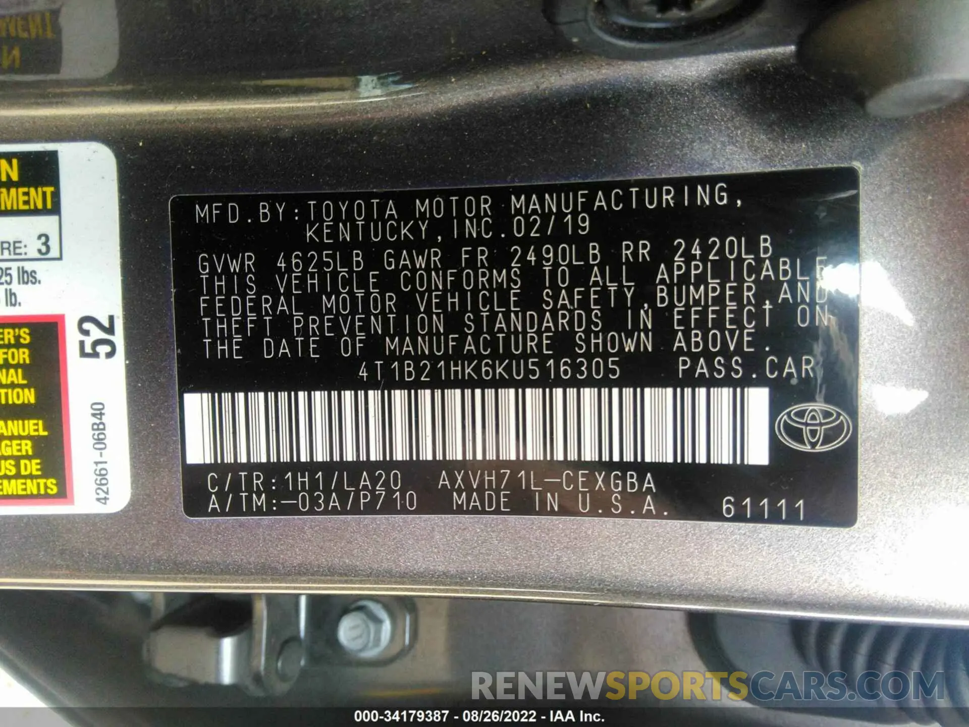 9 Фотография поврежденного автомобиля 4T1B21HK6KU516305 TOYOTA CAMRY 2019