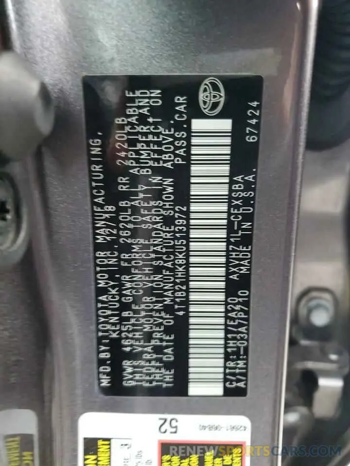 12 Photograph of a damaged car 4T1B21HK8KU513972 TOYOTA CAMRY 2019