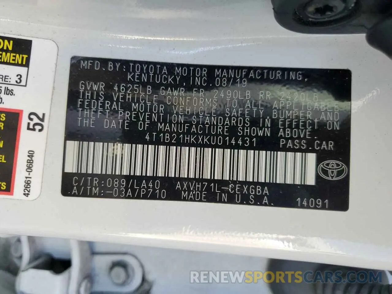 13 Photograph of a damaged car 4T1B21HKXKU014431 TOYOTA CAMRY 2019