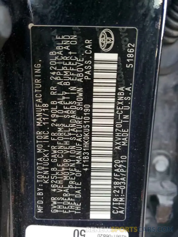 12 Photograph of a damaged car 4T1B31HK0KU510190 TOYOTA CAMRY 2019