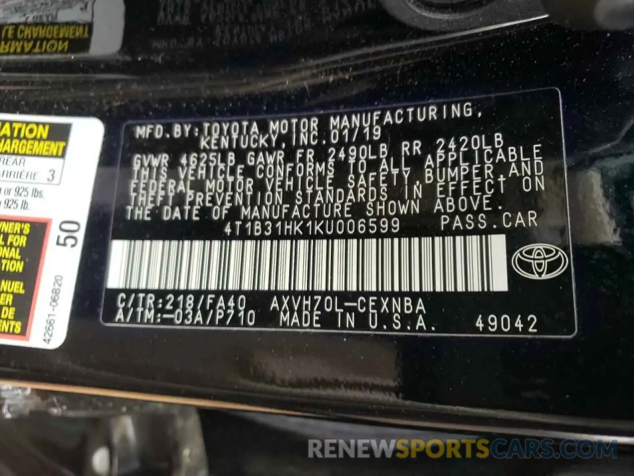 10 Photograph of a damaged car 4T1B31HK1KU006599 TOYOTA CAMRY 2019