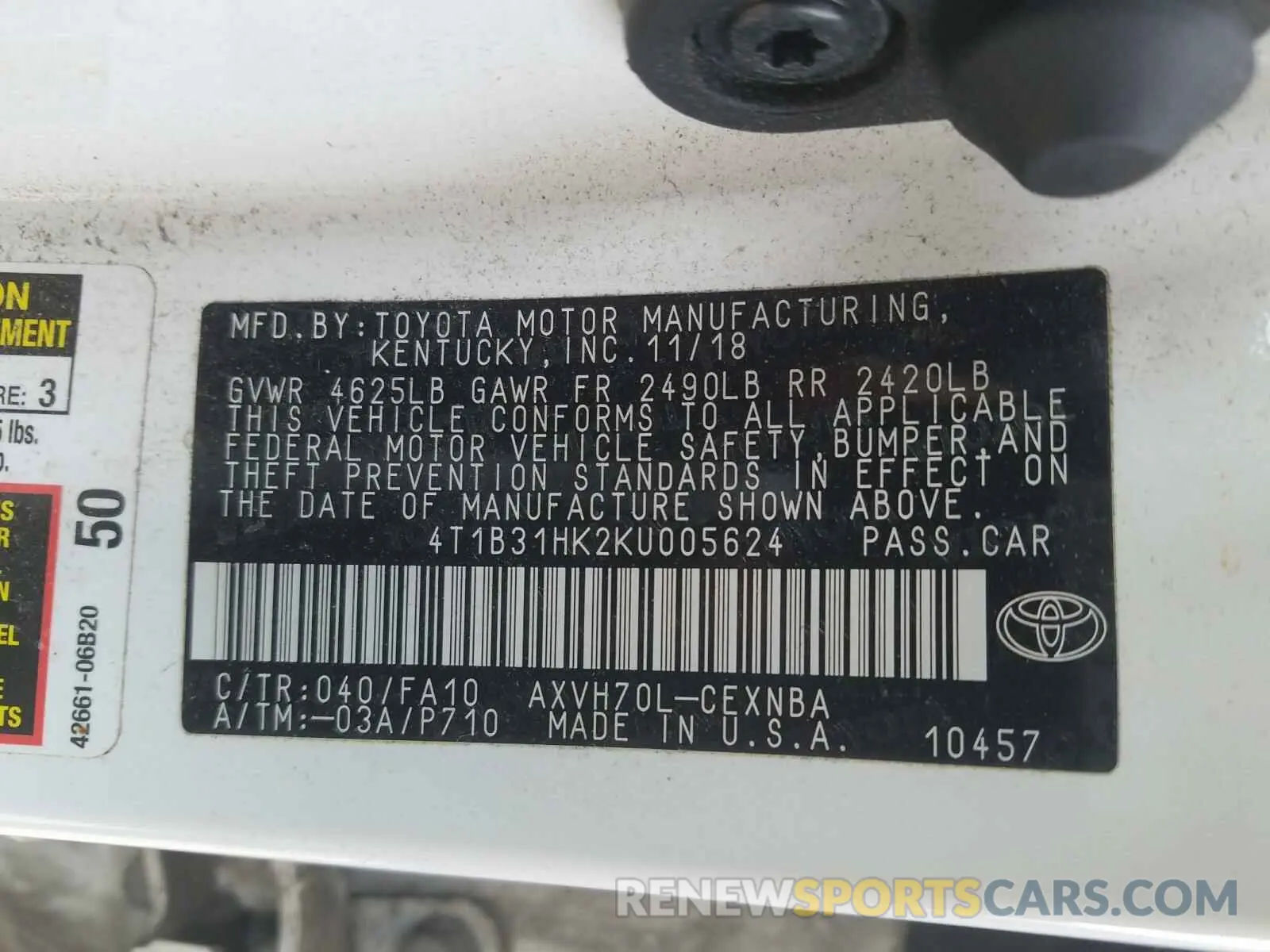 10 Photograph of a damaged car 4T1B31HK2KU005624 TOYOTA CAMRY 2019