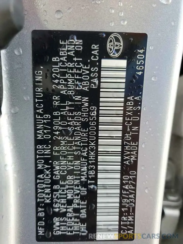 13 Фотография поврежденного автомобиля 4T1B31HK3KU006569 TOYOTA CAMRY 2019