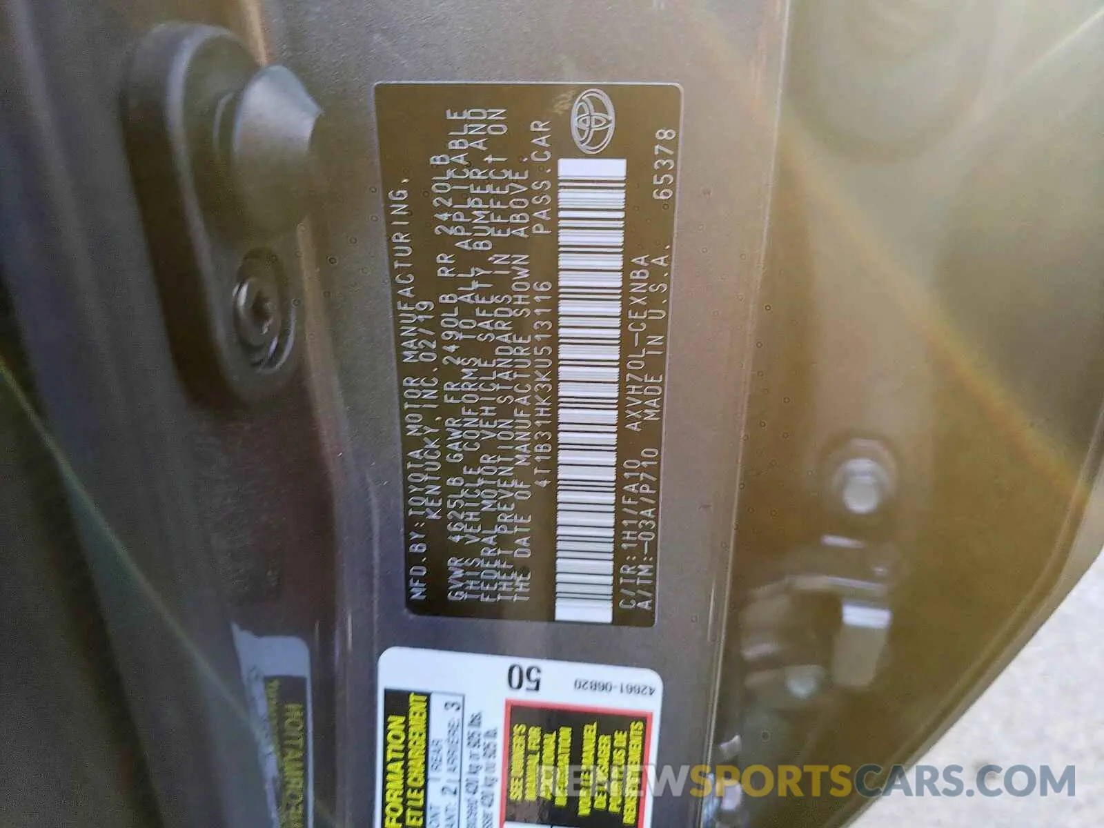 10 Photograph of a damaged car 4T1B31HK3KU513116 TOYOTA CAMRY 2019