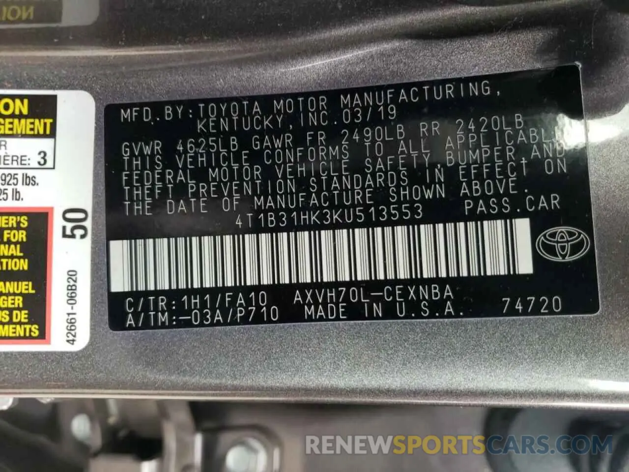10 Photograph of a damaged car 4T1B31HK3KU513553 TOYOTA CAMRY 2019