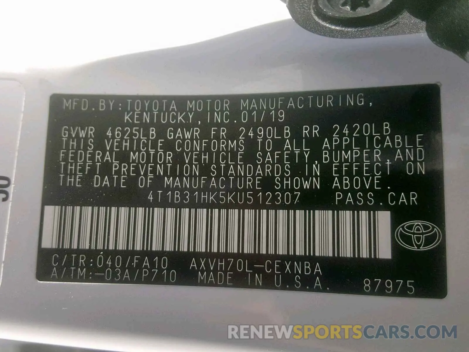 10 Photograph of a damaged car 4T1B31HK5KU512307 TOYOTA CAMRY 2019