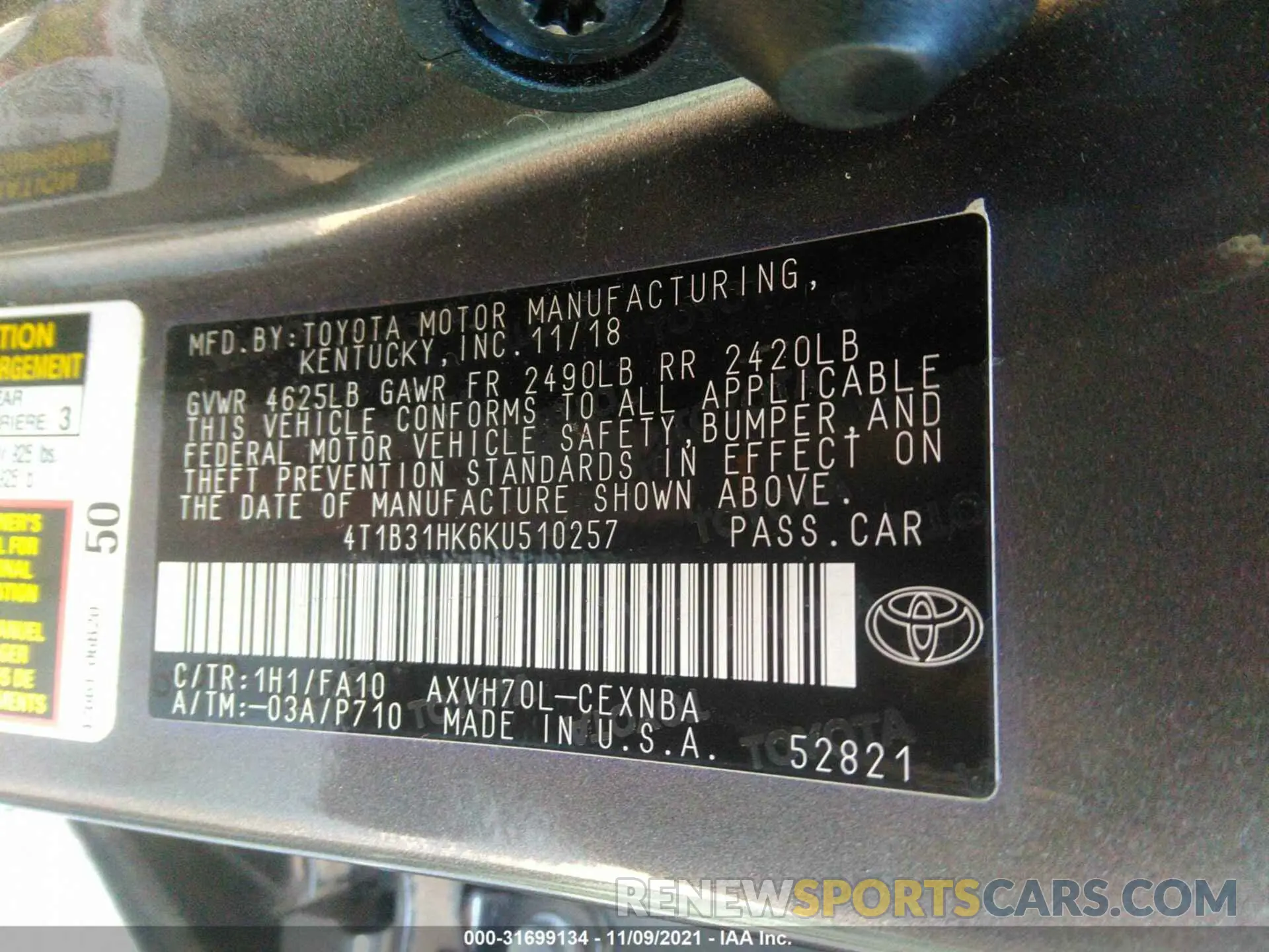 9 Photograph of a damaged car 4T1B31HK6KU510257 TOYOTA CAMRY 2019