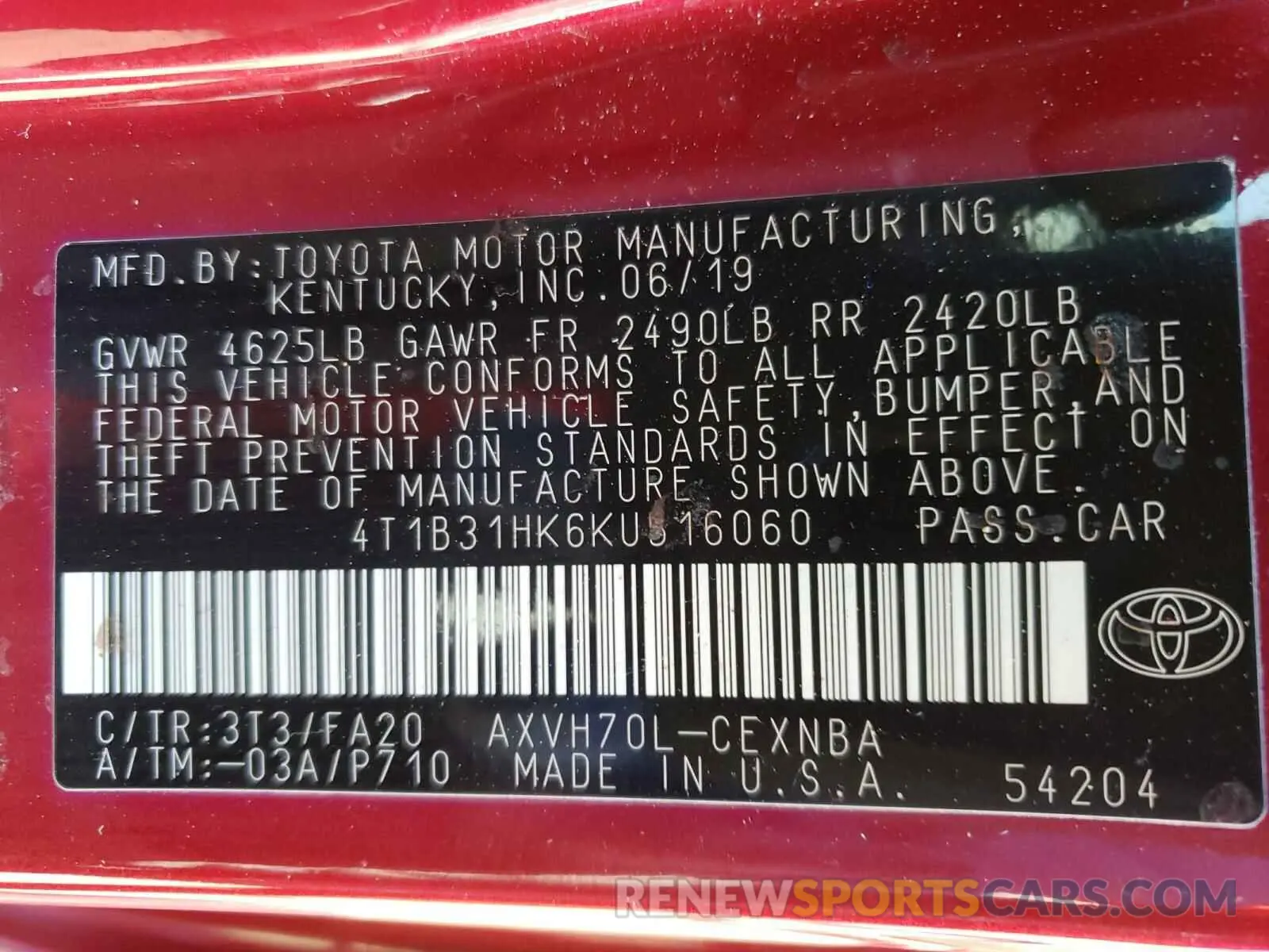 10 Photograph of a damaged car 4T1B31HK6KU516060 TOYOTA CAMRY 2019