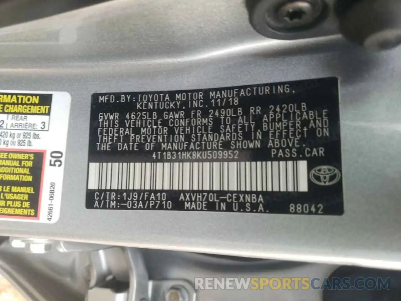 10 Photograph of a damaged car 4T1B31HK8KU509952 TOYOTA CAMRY 2019