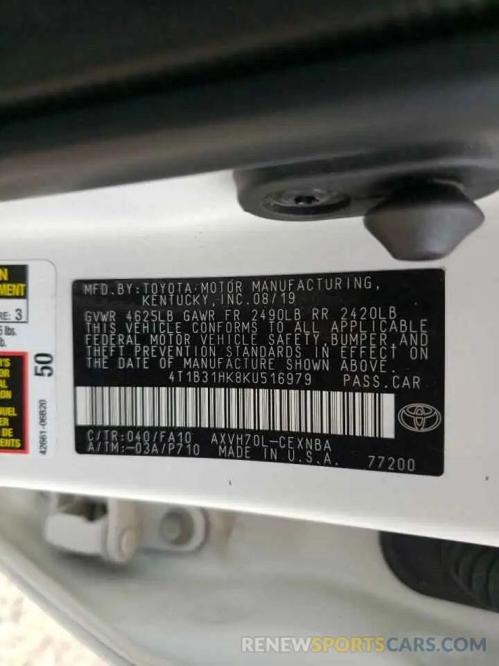 10 Photograph of a damaged car 4T1B31HK8KU516979 TOYOTA CAMRY 2019