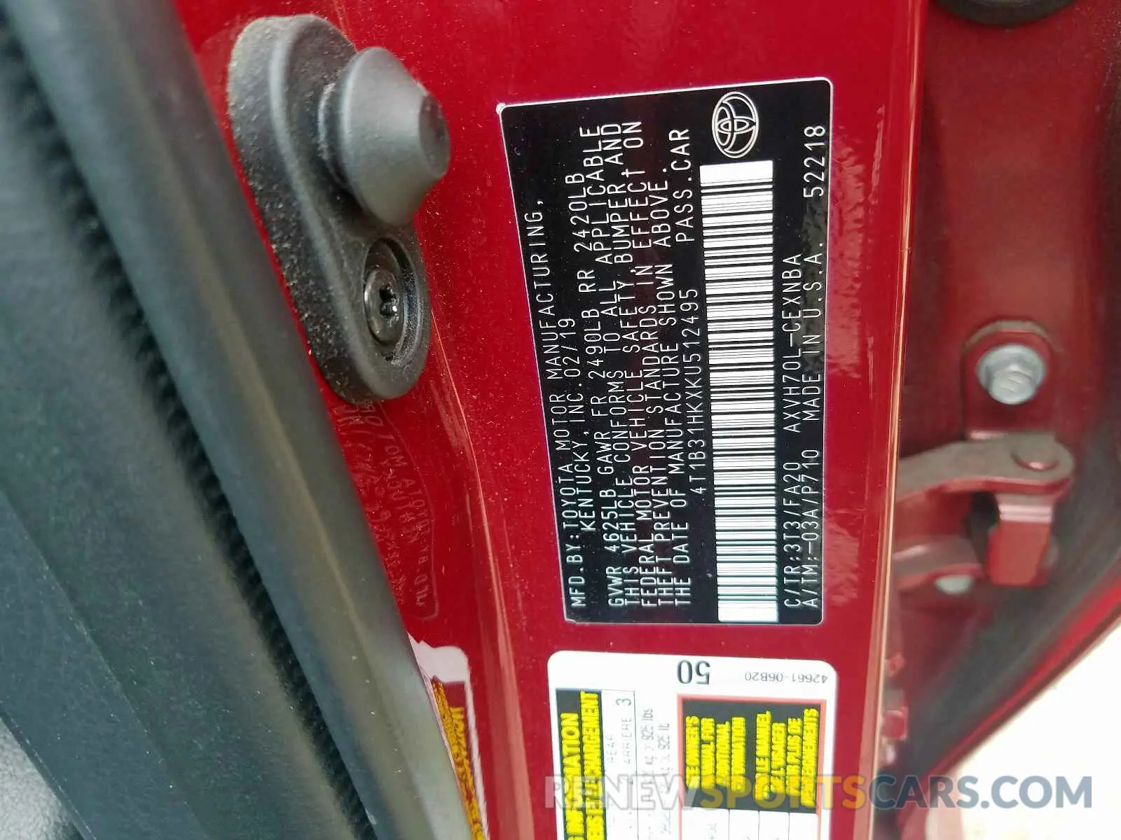 10 Photograph of a damaged car 4T1B31HKXKU512495 TOYOTA CAMRY 2019