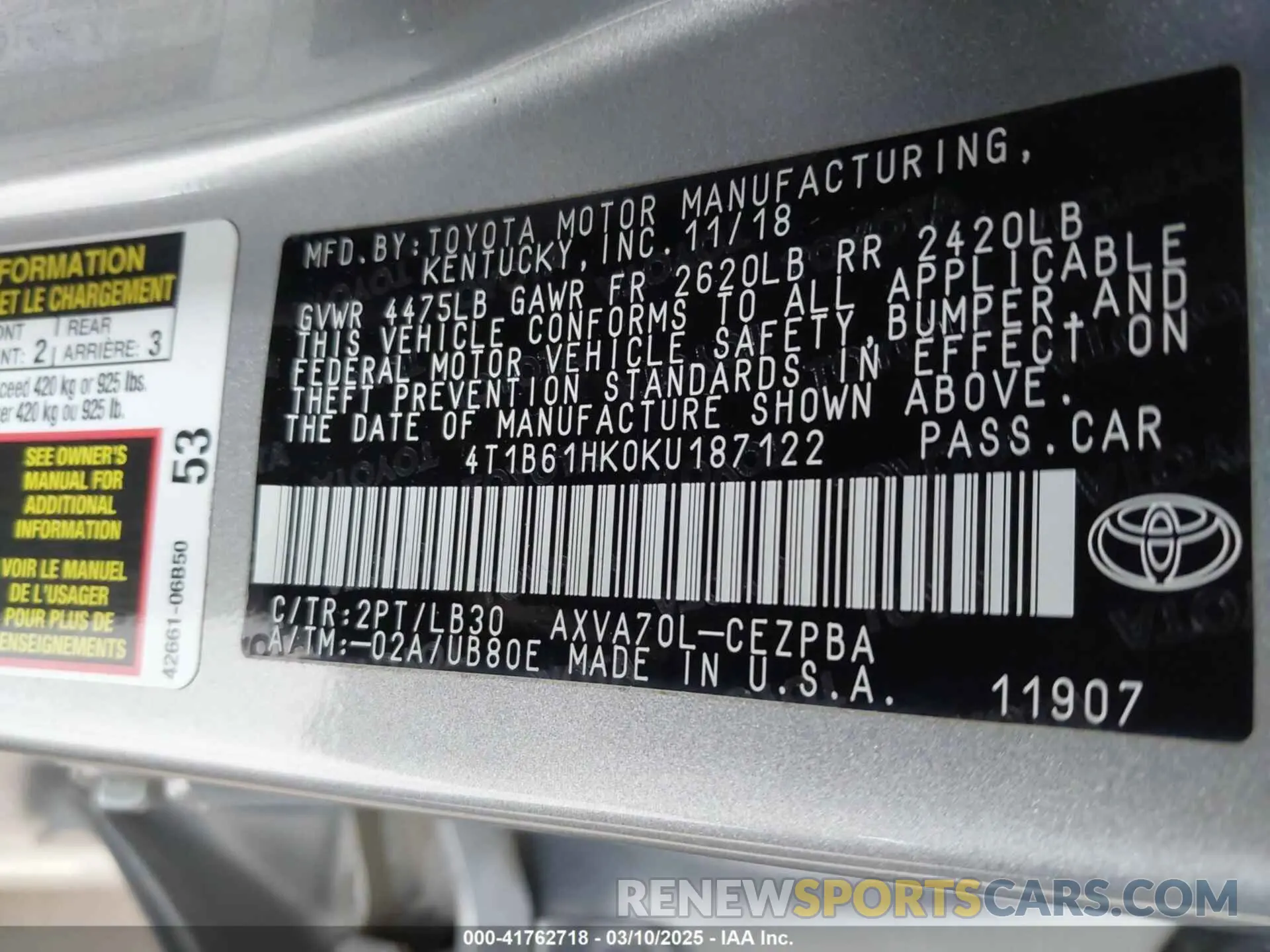 9 Фотография поврежденного автомобиля 4T1B61HK0KU187122 TOYOTA CAMRY 2019