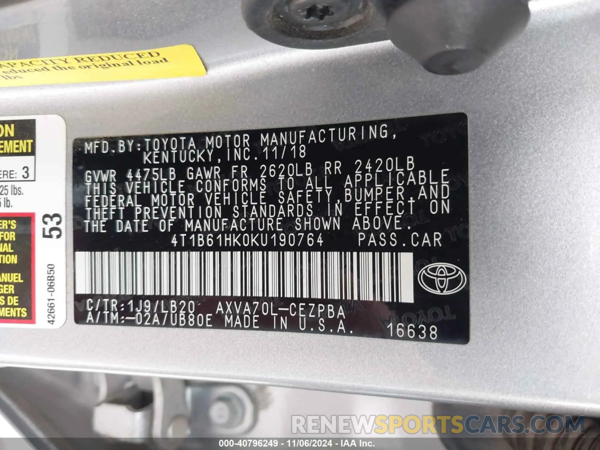 9 Фотография поврежденного автомобиля 4T1B61HK0KU190764 TOYOTA CAMRY 2019