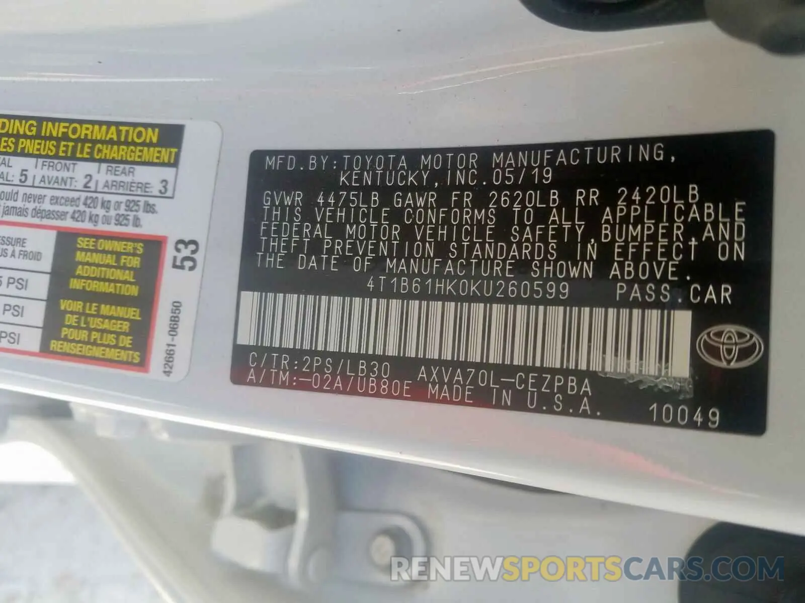 10 Photograph of a damaged car 4T1B61HK0KU260599 TOYOTA CAMRY 2019