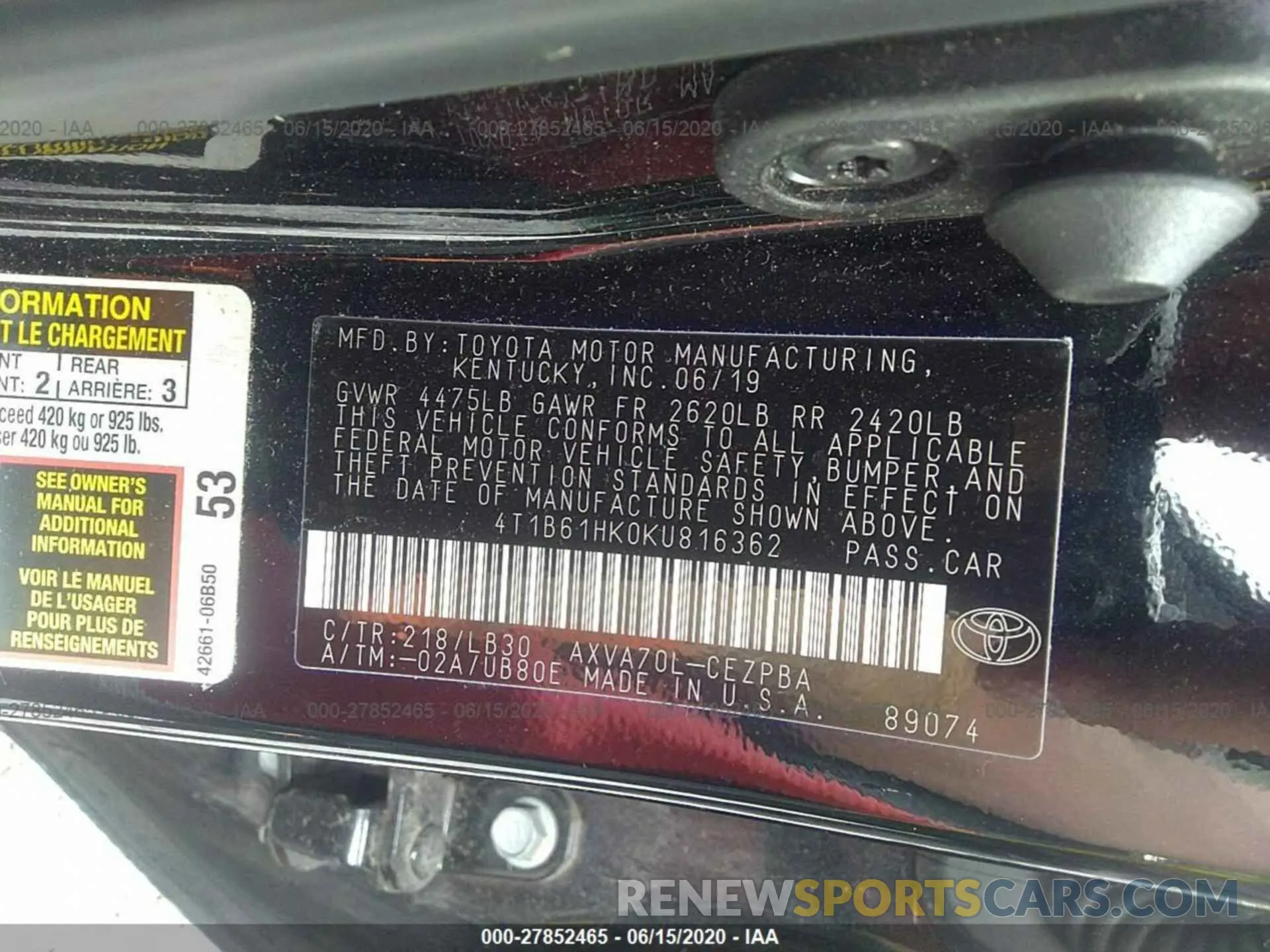 9 Photograph of a damaged car 4T1B61HK0KU816362 TOYOTA CAMRY 2019