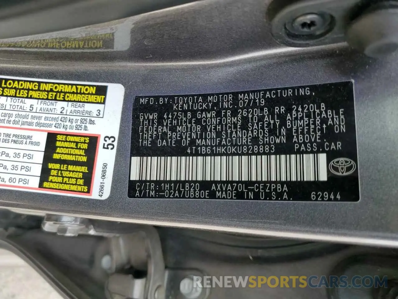 12 Photograph of a damaged car 4T1B61HK0KU828883 TOYOTA CAMRY 2019