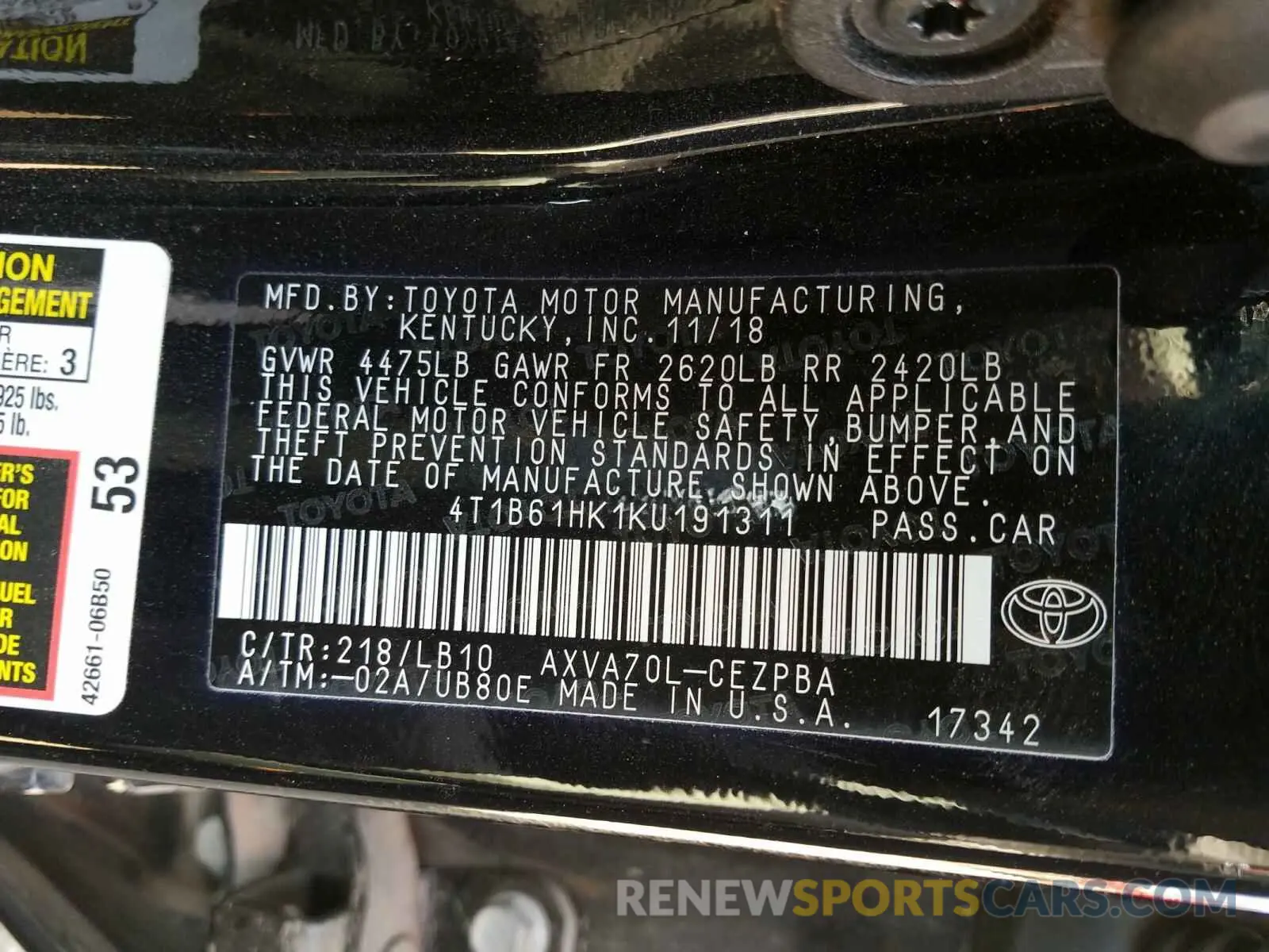 10 Photograph of a damaged car 4T1B61HK1KU191311 TOYOTA CAMRY 2019