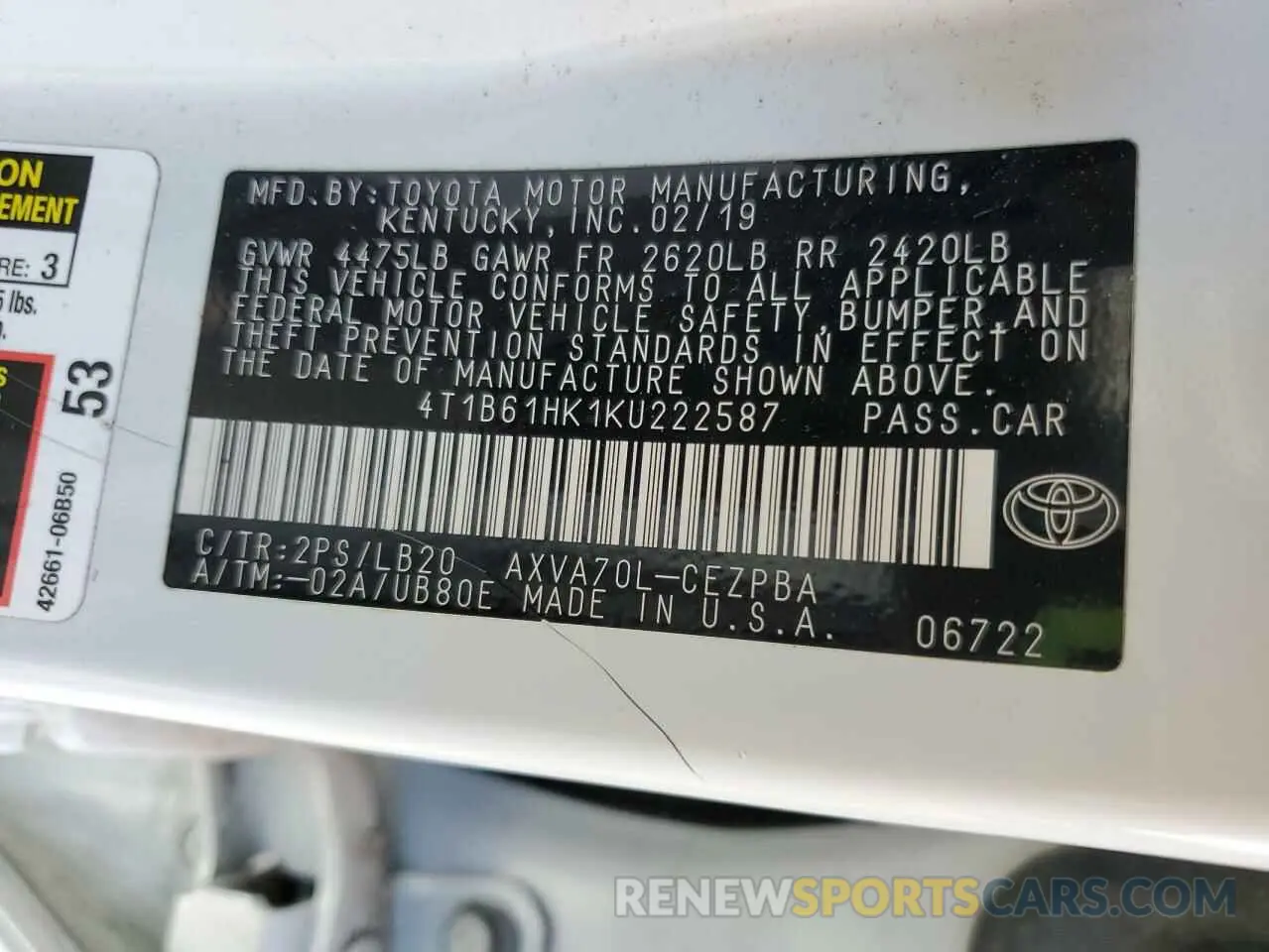 12 Photograph of a damaged car 4T1B61HK1KU222587 TOYOTA CAMRY 2019