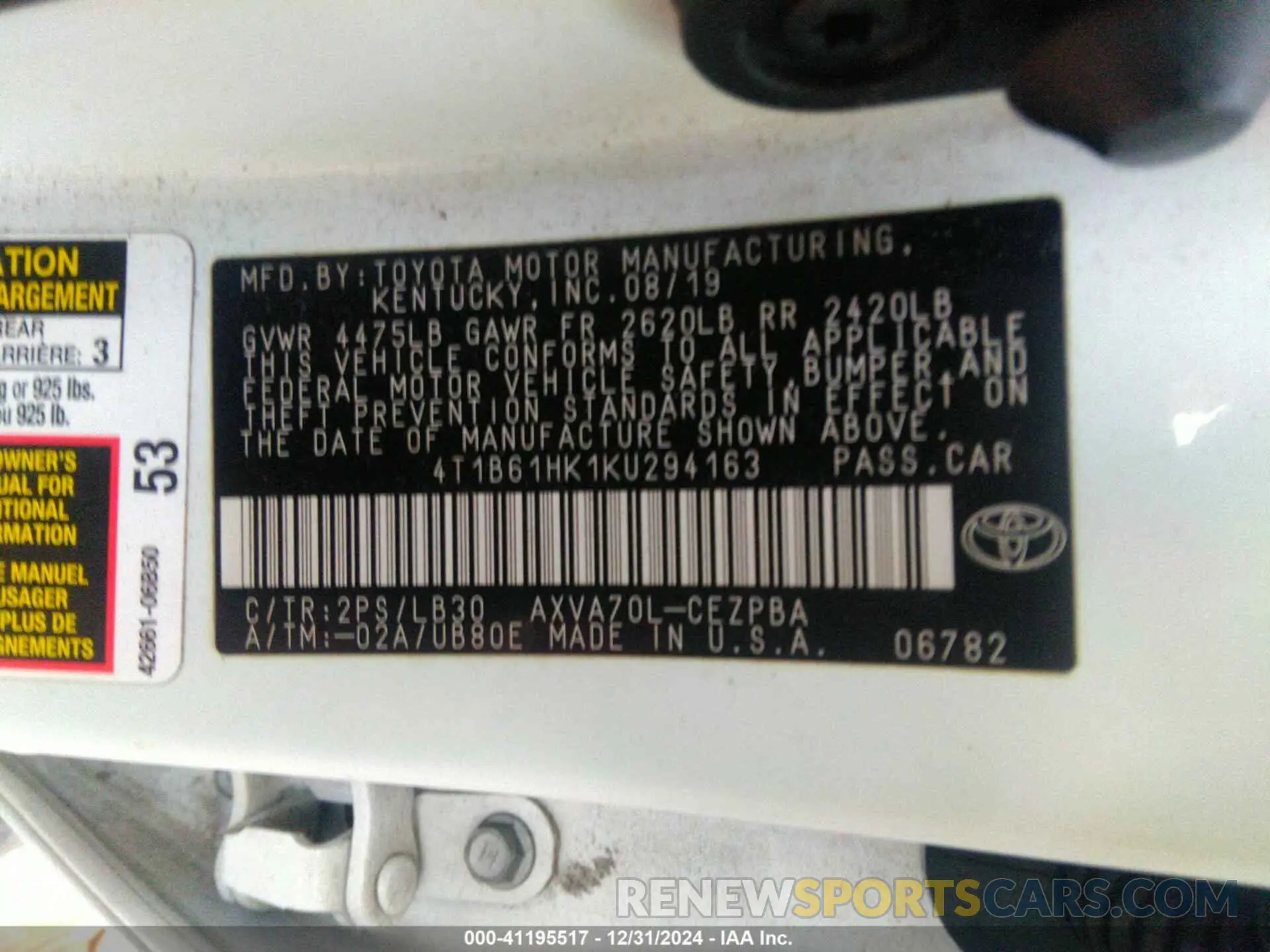 9 Фотография поврежденного автомобиля 4T1B61HK1KU294163 TOYOTA CAMRY 2019