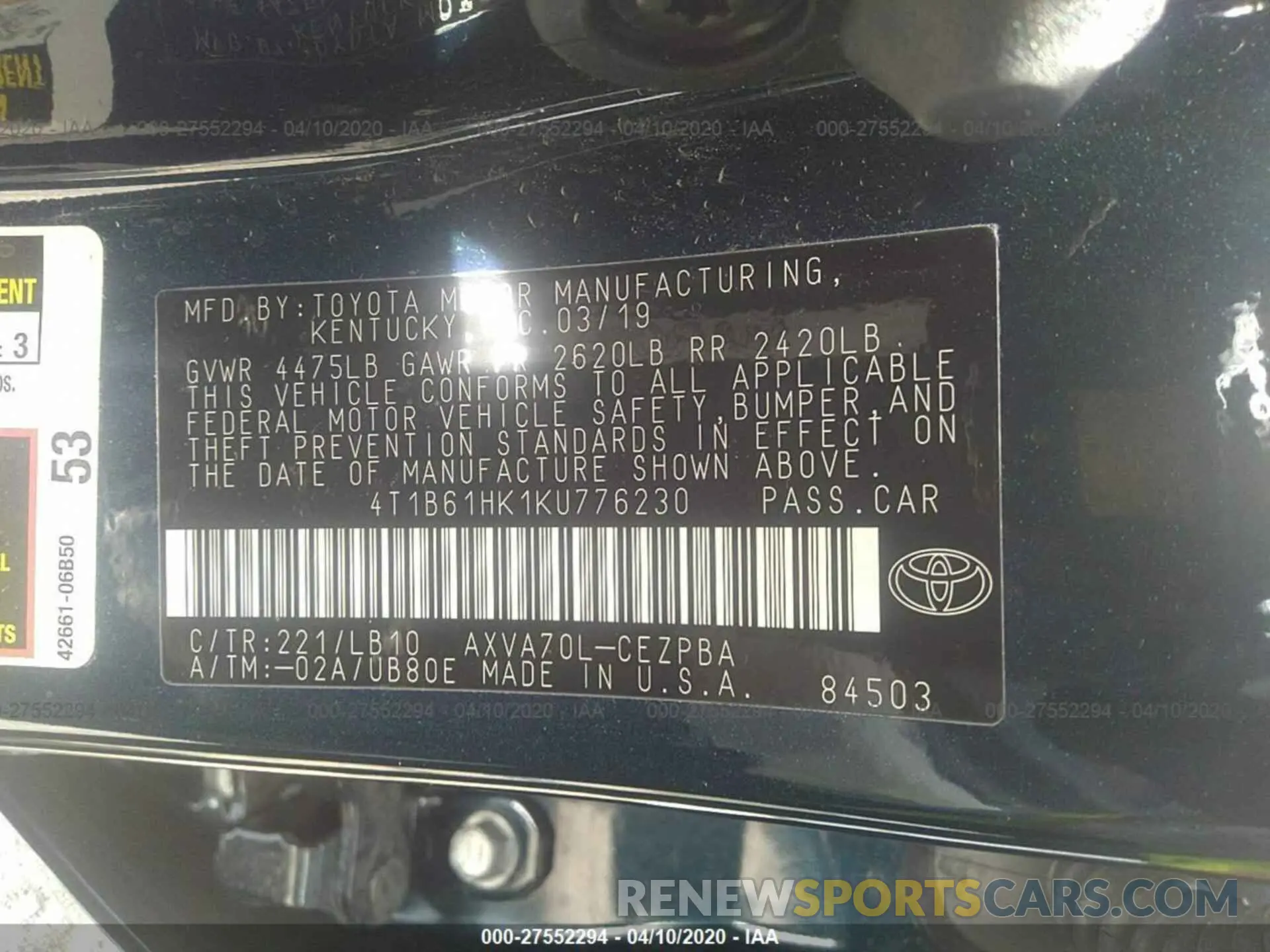 9 Photograph of a damaged car 4T1B61HK1KU776230 TOYOTA CAMRY 2019