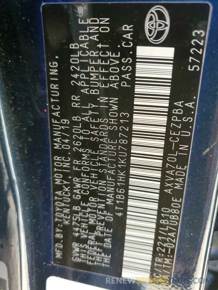 12 Photograph of a damaged car 4T1B61HK1KU787213 TOYOTA CAMRY 2019