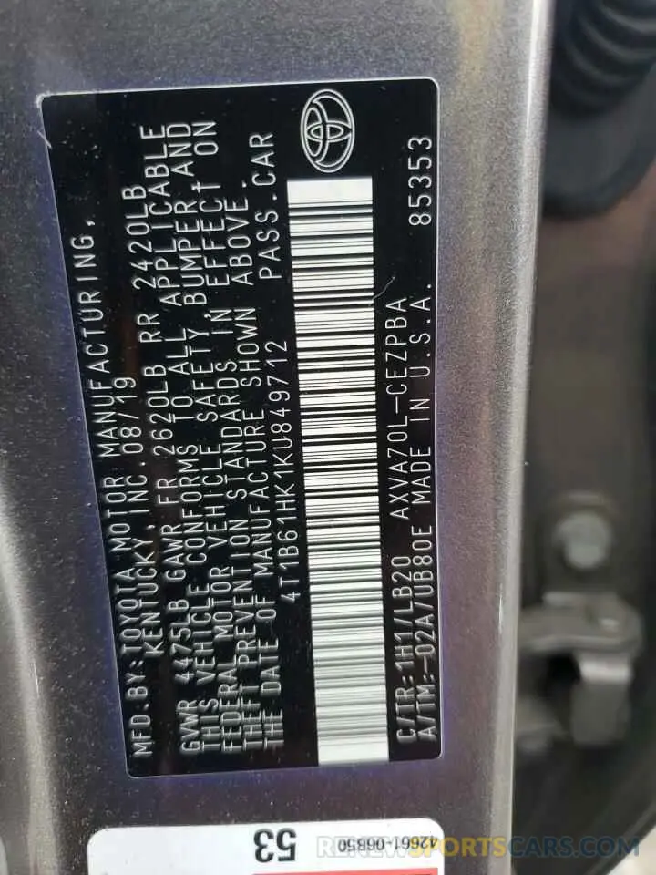 12 Photograph of a damaged car 4T1B61HK1KU849712 TOYOTA CAMRY 2019