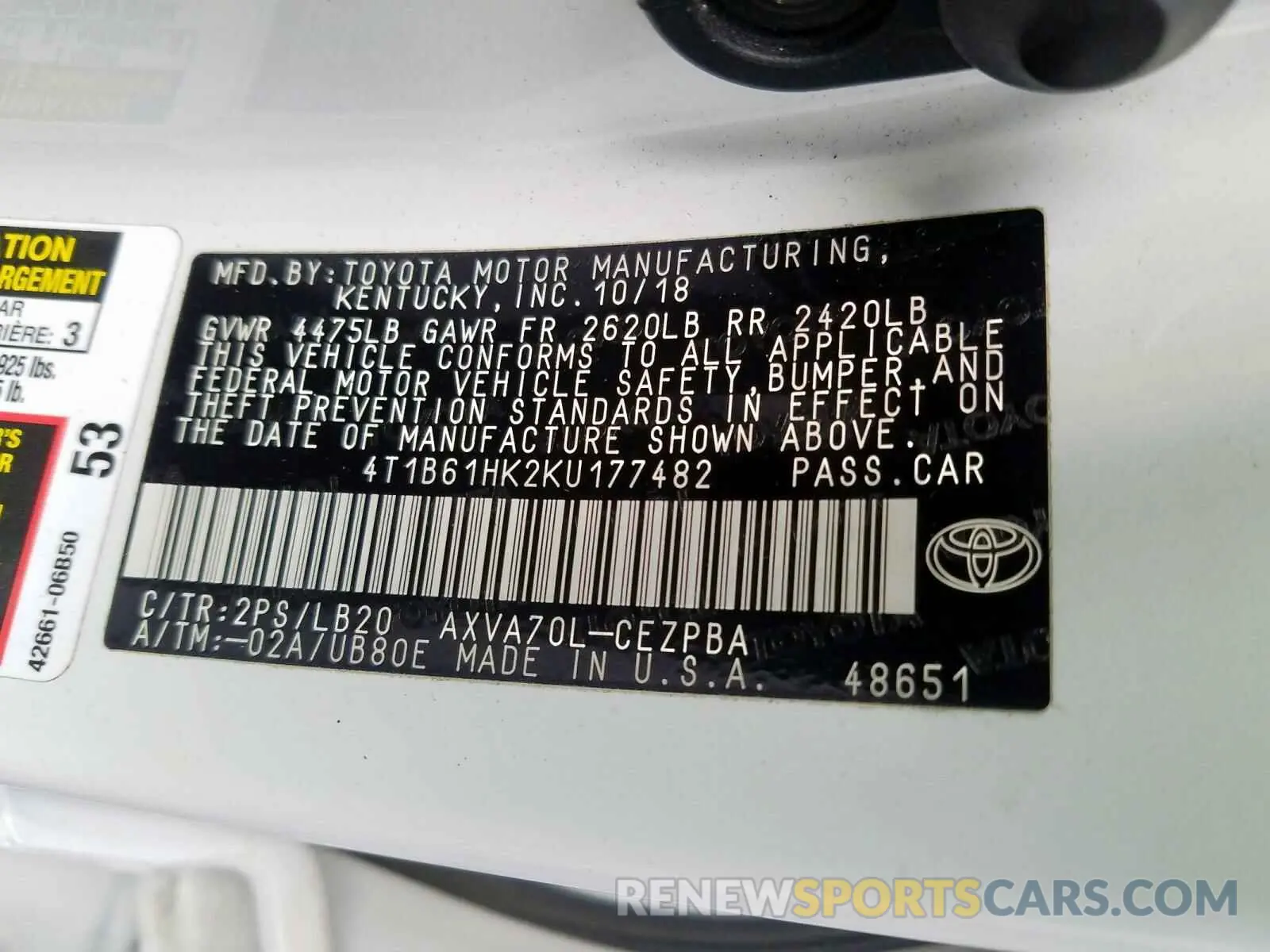10 Photograph of a damaged car 4T1B61HK2KU177482 TOYOTA CAMRY 2019