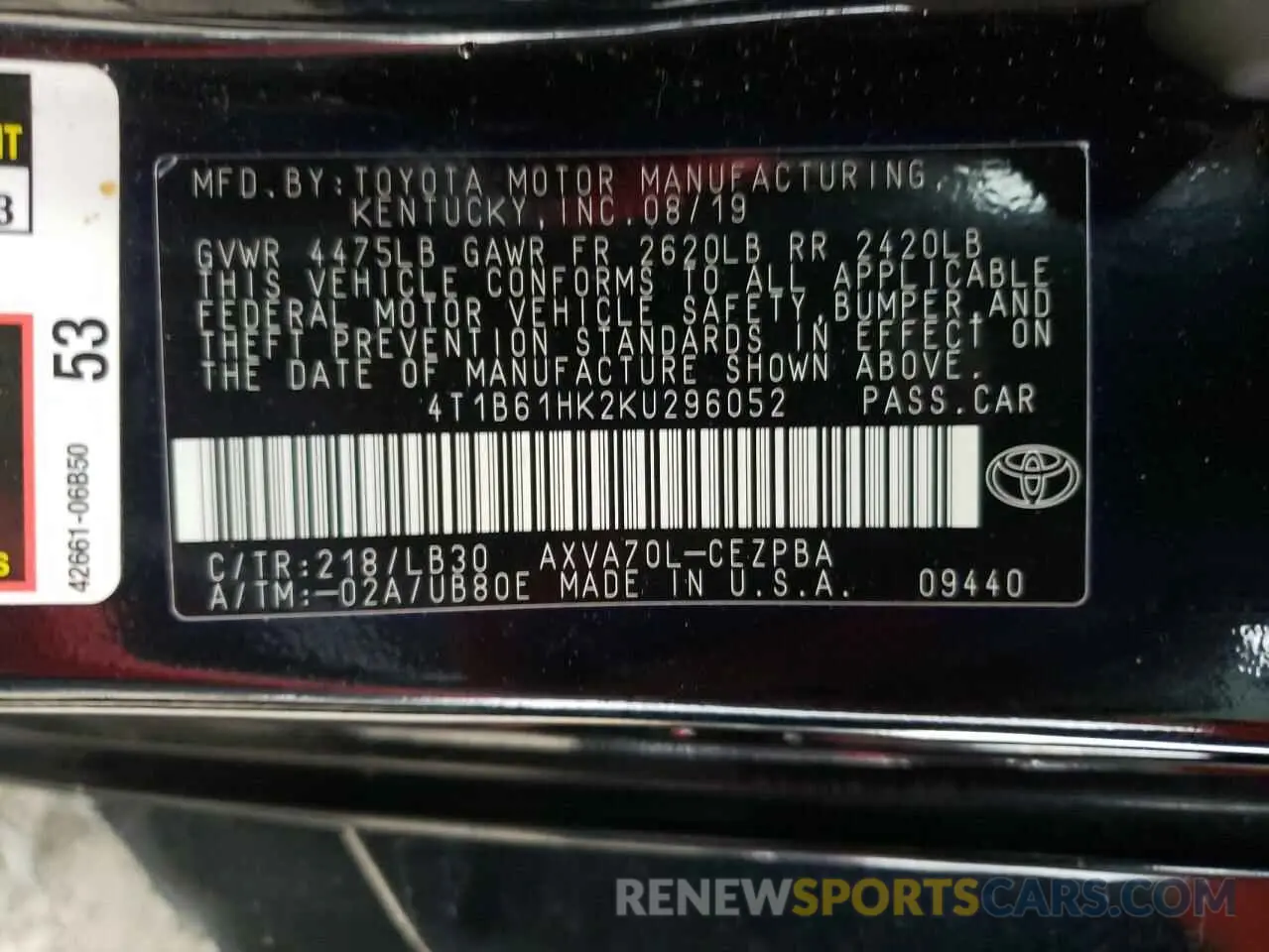 10 Photograph of a damaged car 4T1B61HK2KU296052 TOYOTA CAMRY 2019