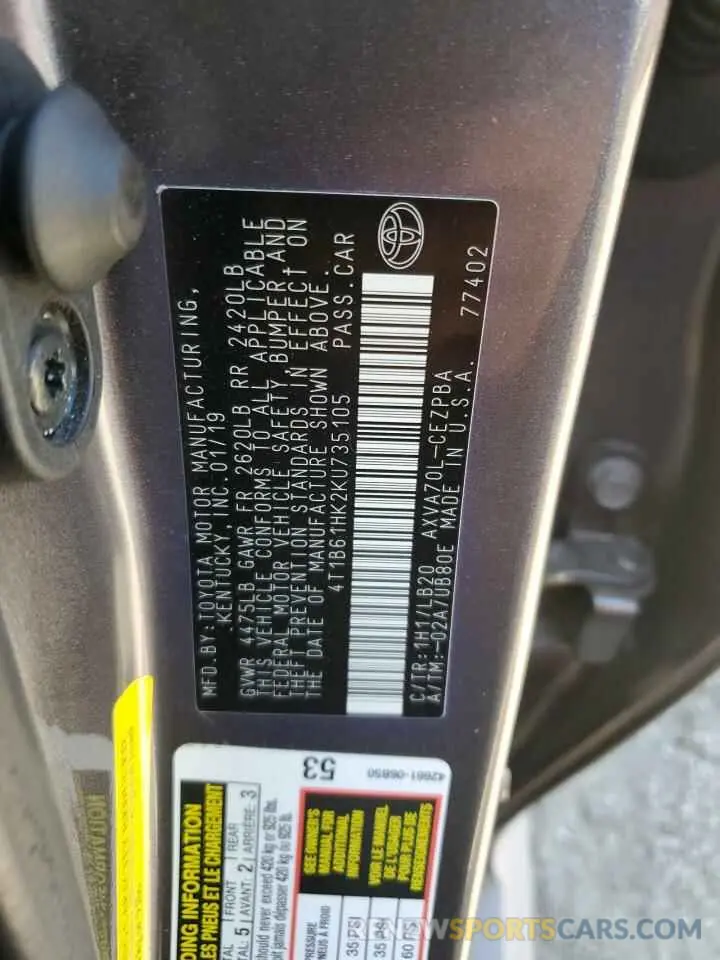 13 Photograph of a damaged car 4T1B61HK2KU735105 TOYOTA CAMRY 2019