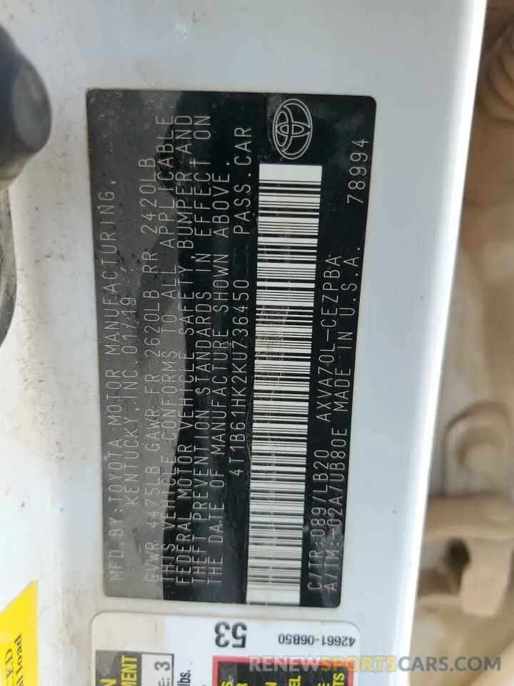 12 Photograph of a damaged car 4T1B61HK2KU736450 TOYOTA CAMRY 2019